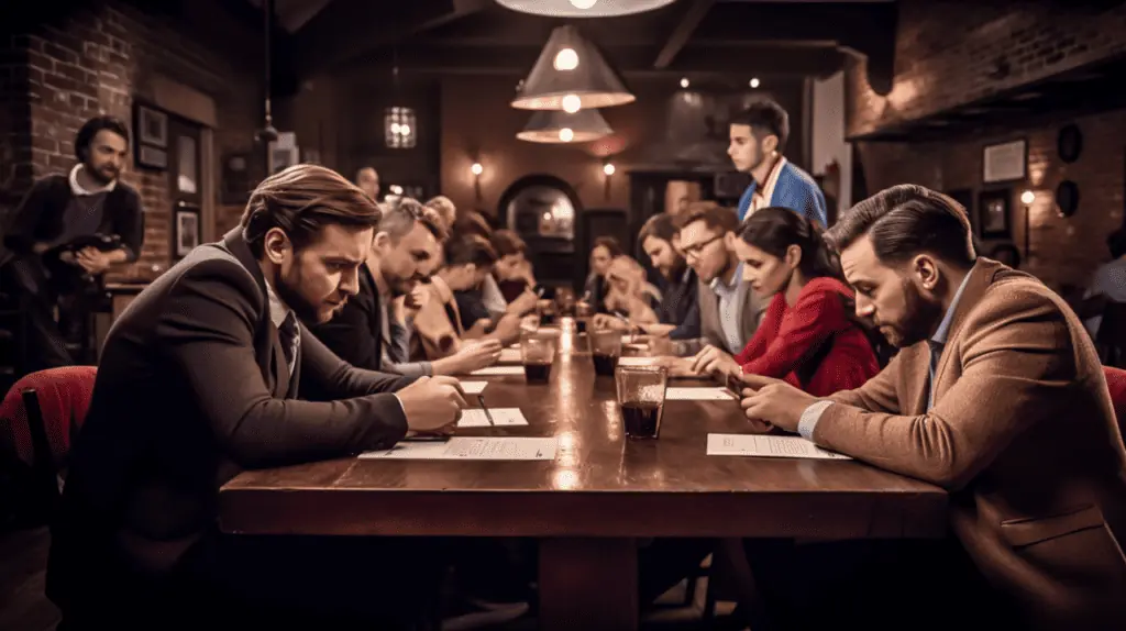 A group of people sitting at a table in a restaurant.