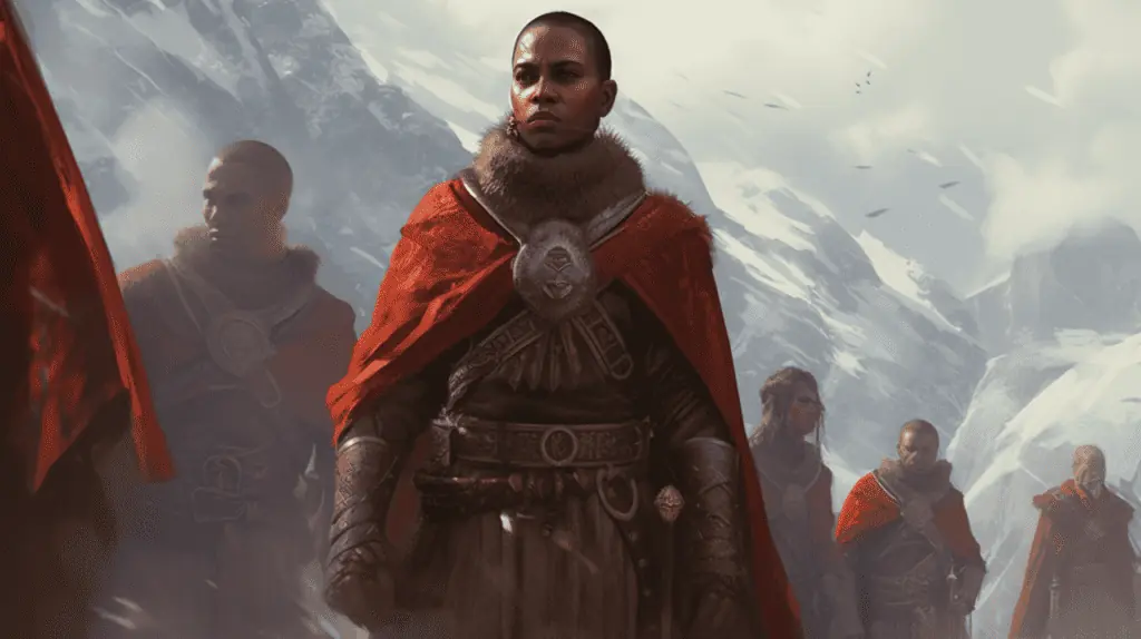 A group of men in red cloaks standing in the snow.