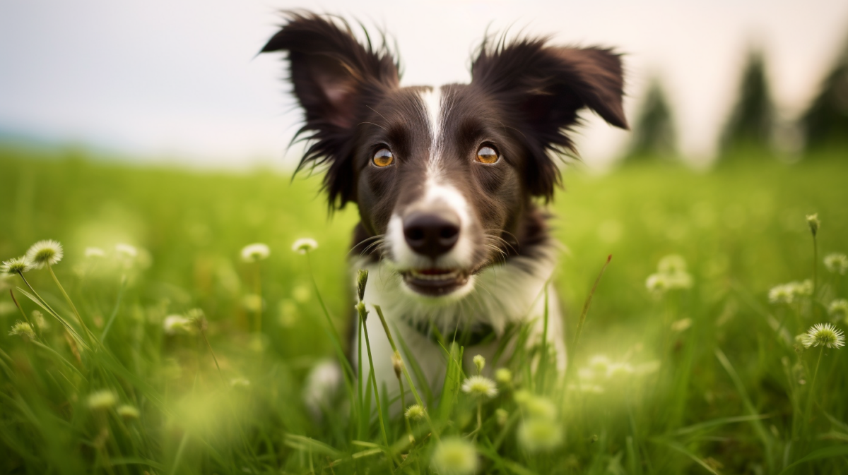 A black and white dog is standing in a field of dandelions.