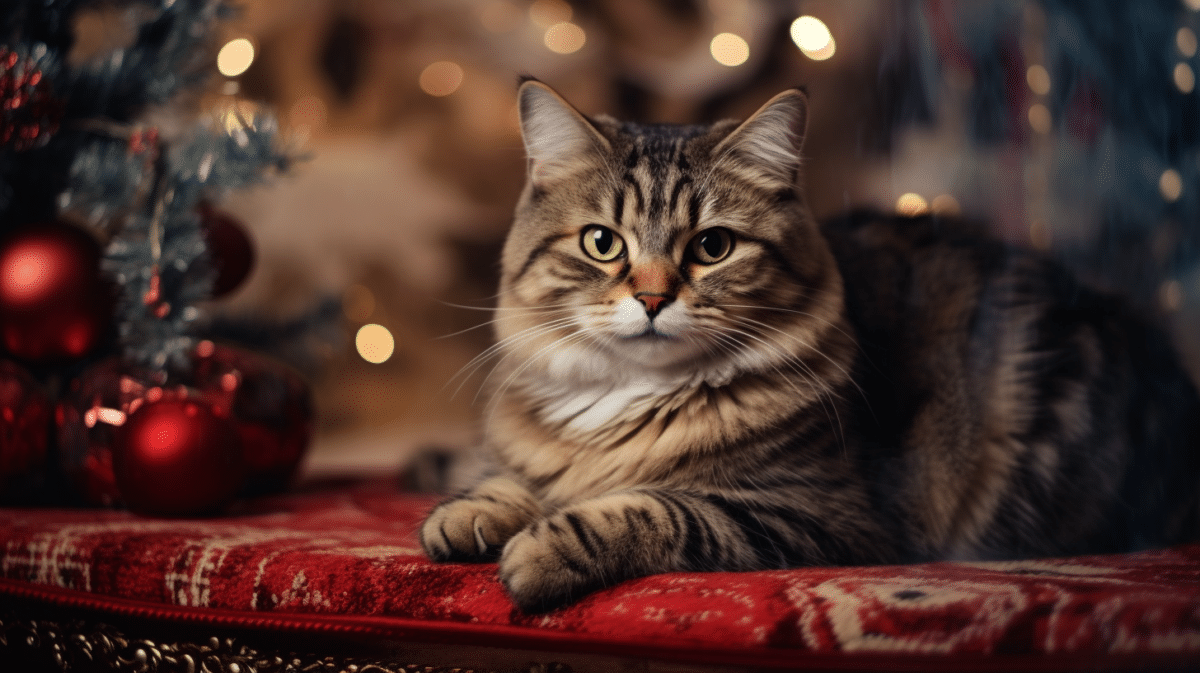 A tabby cat sitting on a red rug in front of a christmas tree.