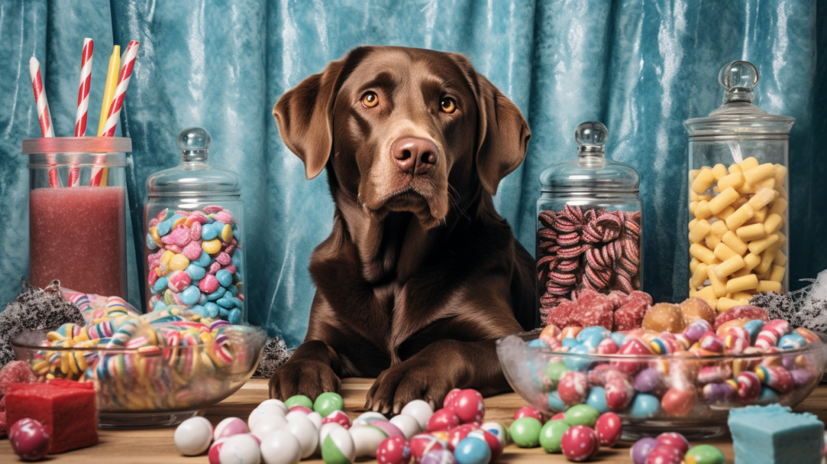 Chocolate labrador sitting in front of candy bowls.