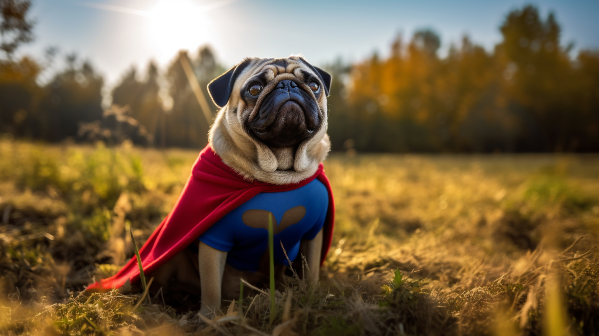A pug dog wearing a superhero cape in a field.